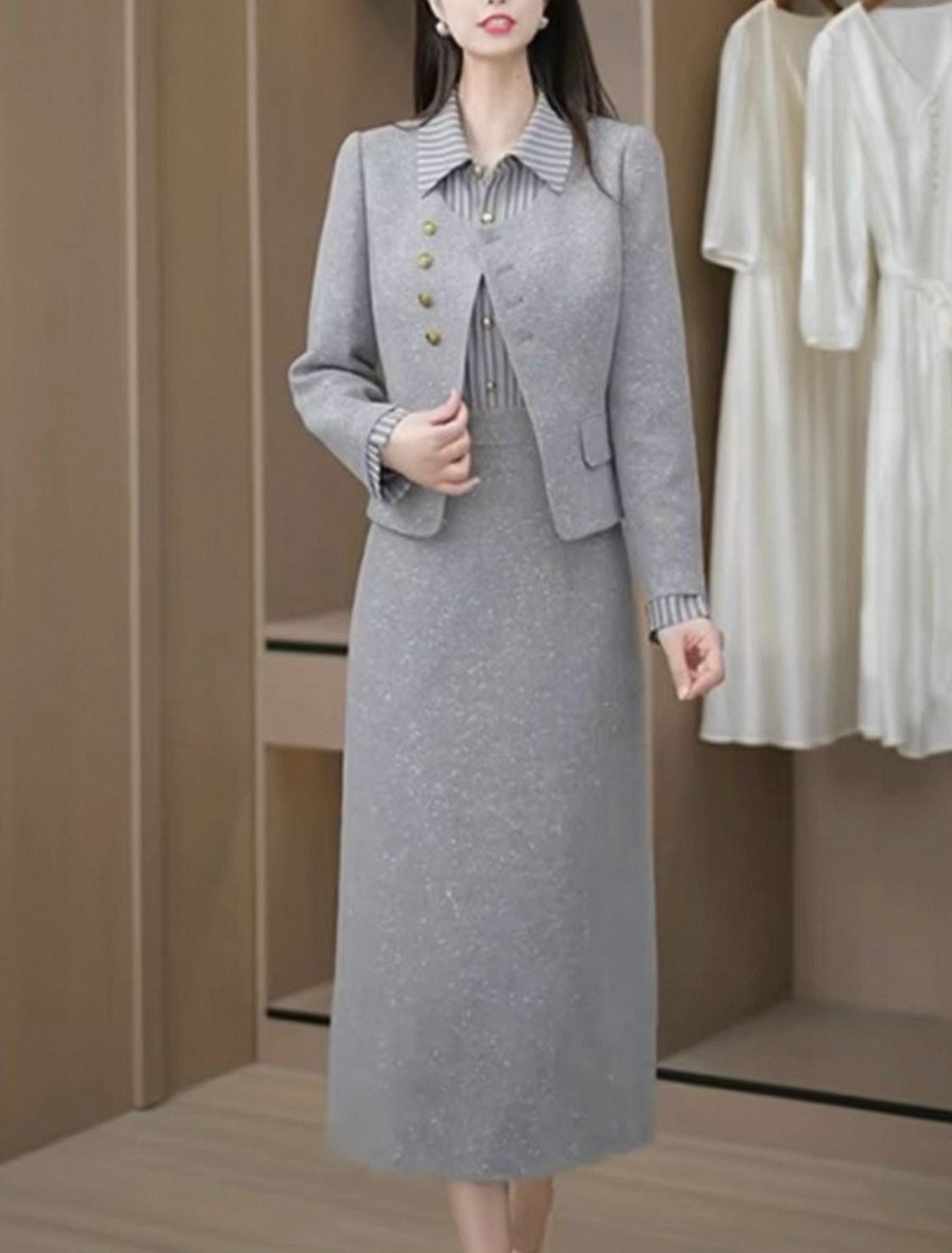 Grey Two-Piece Set with Dress and Blazer