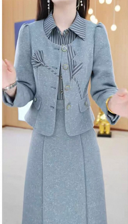 Grey Suit with Decorative Bows and Striped Trim