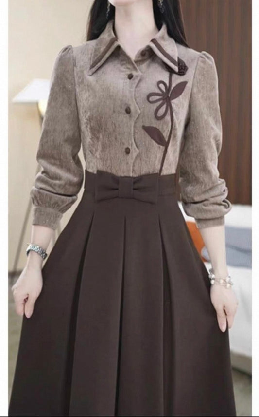 Brown Vintage-Style Pleated Dress