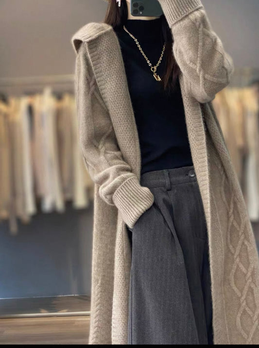 100% wool Long  Hooded Knitted Cardigan