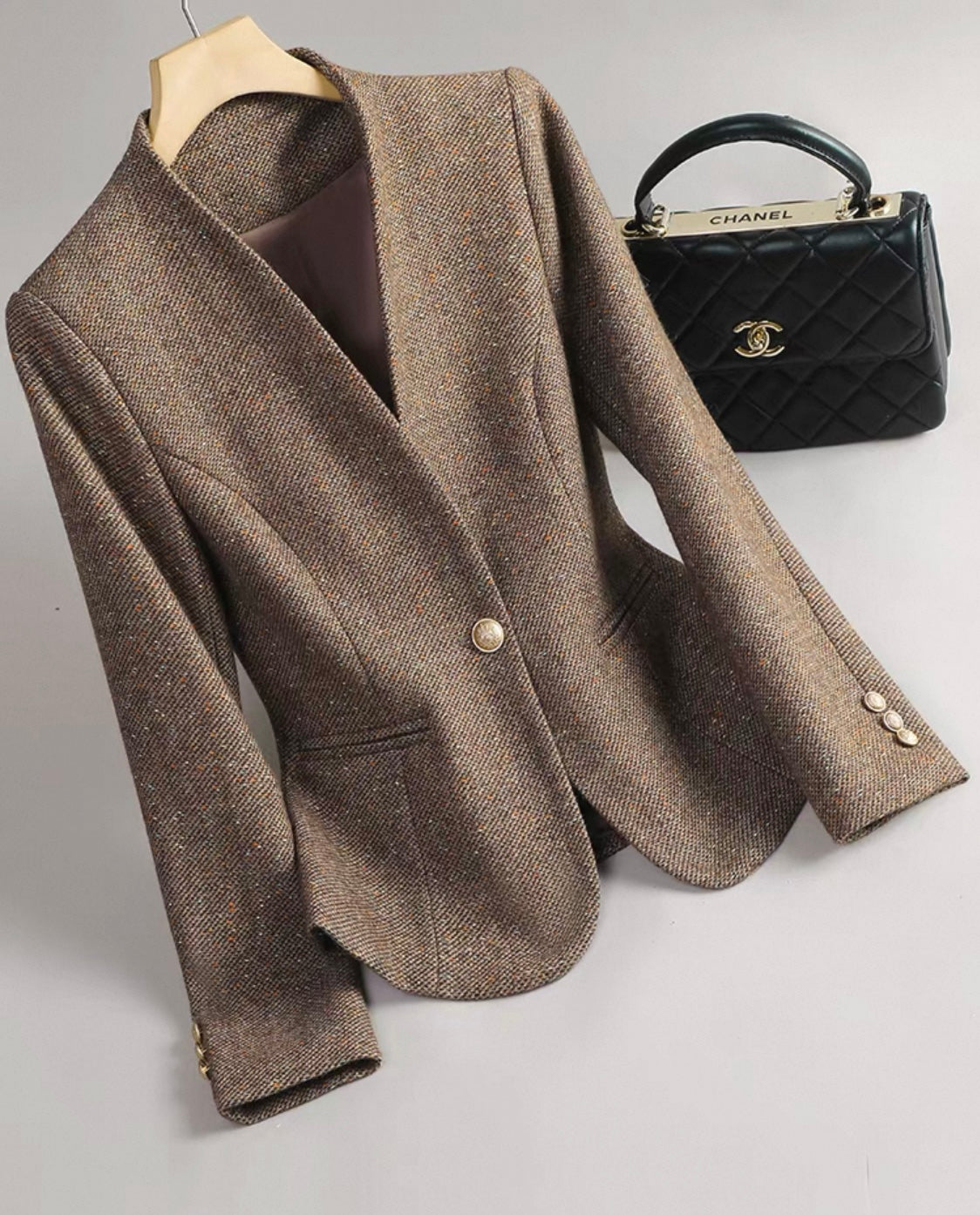 Brown Textured Blazer with Gold Button