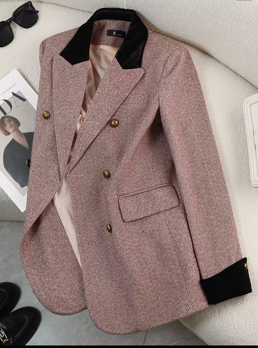 Pink Herringbone Blazer with Black Velvet Collar