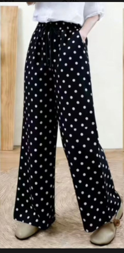 Linen Polka Dot Wide Leg Trousers
