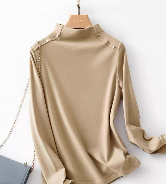Camel High-Neck Top with Button Detail