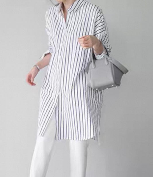 White & Blue Striped Long Shirt