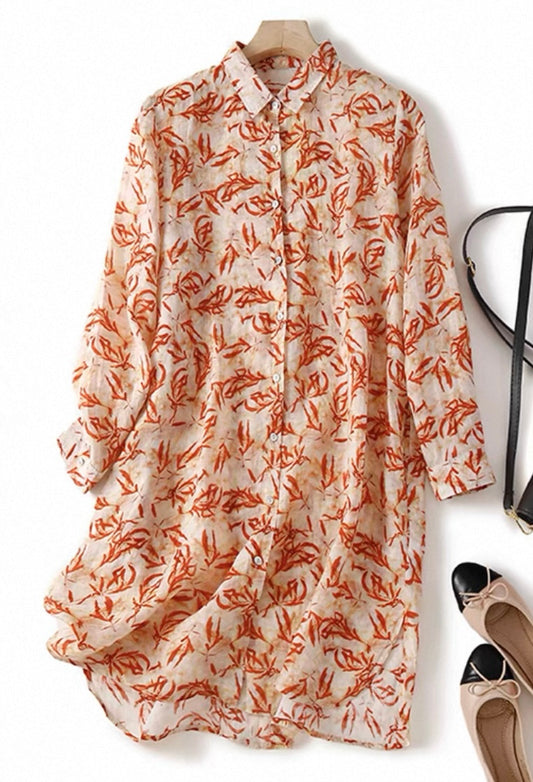 Rust Leaf Print Shirt Dress