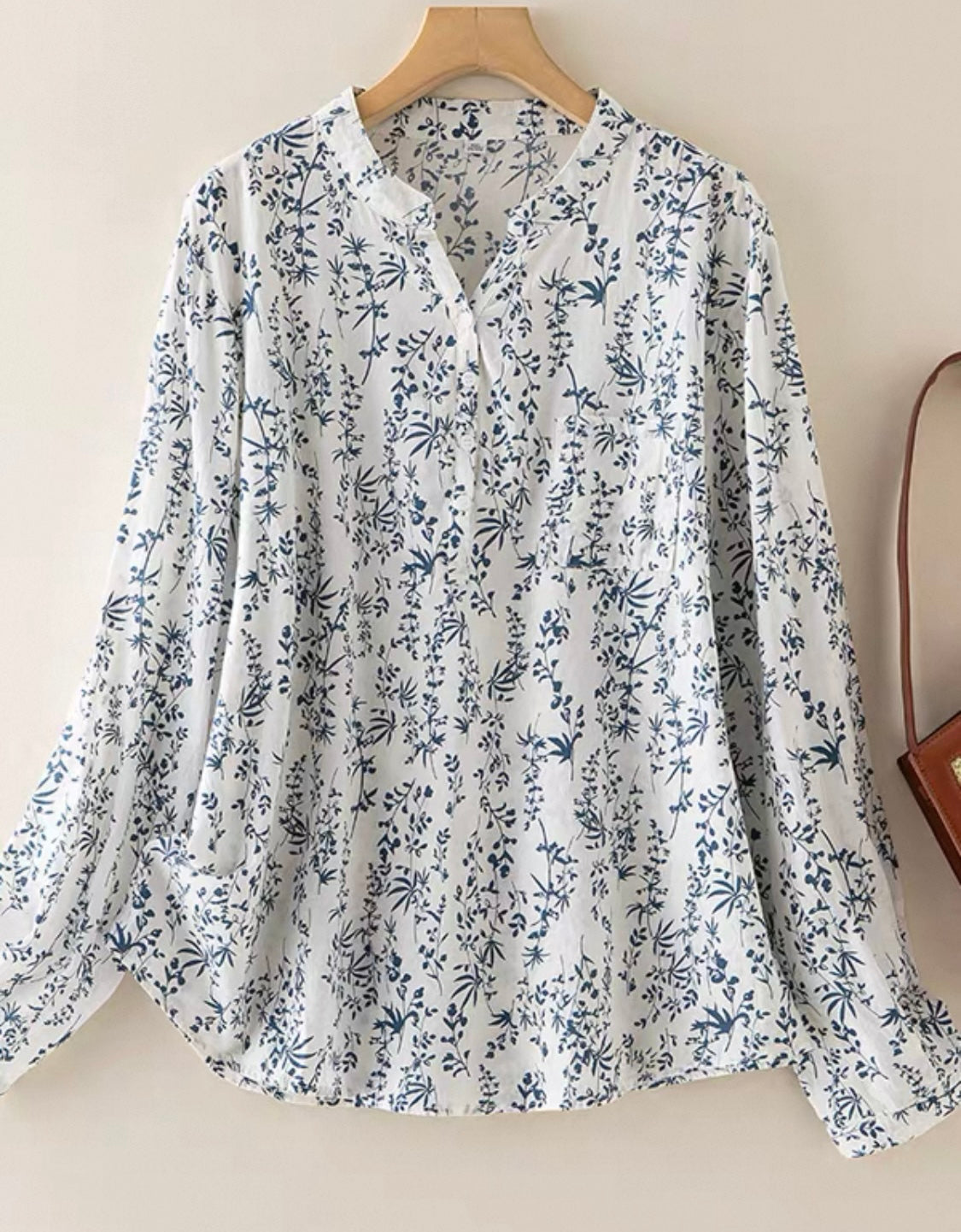 Floral Print Cotton Blouse – White & Blue