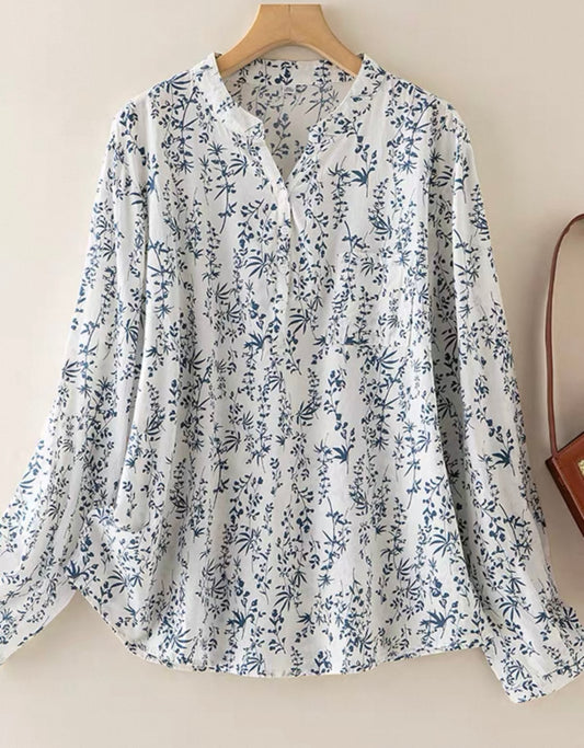 Floral Print Cotton Blouse – White & Blue