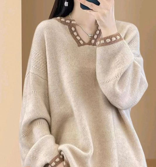 Beige V-Neck Sweater with Trim