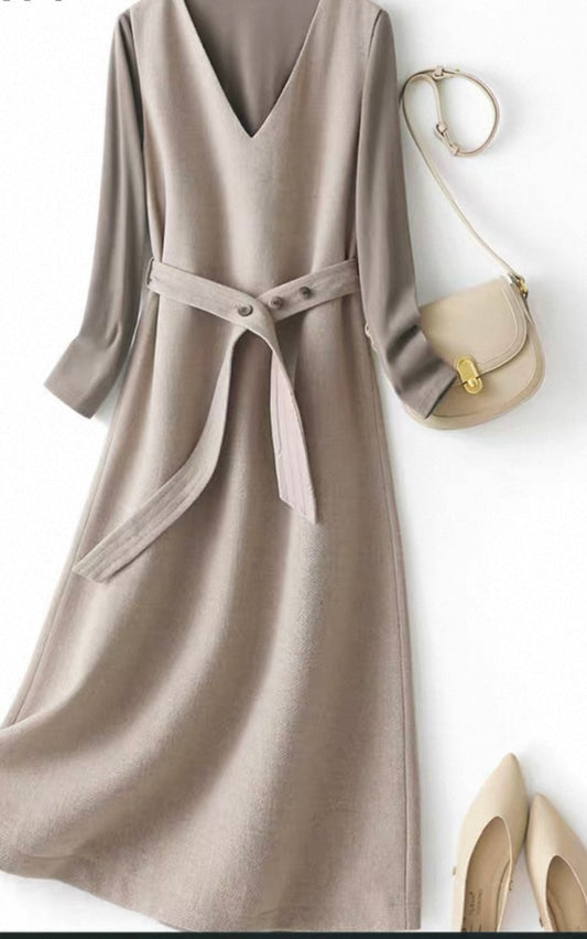 Belted Beige V-Neck Dress