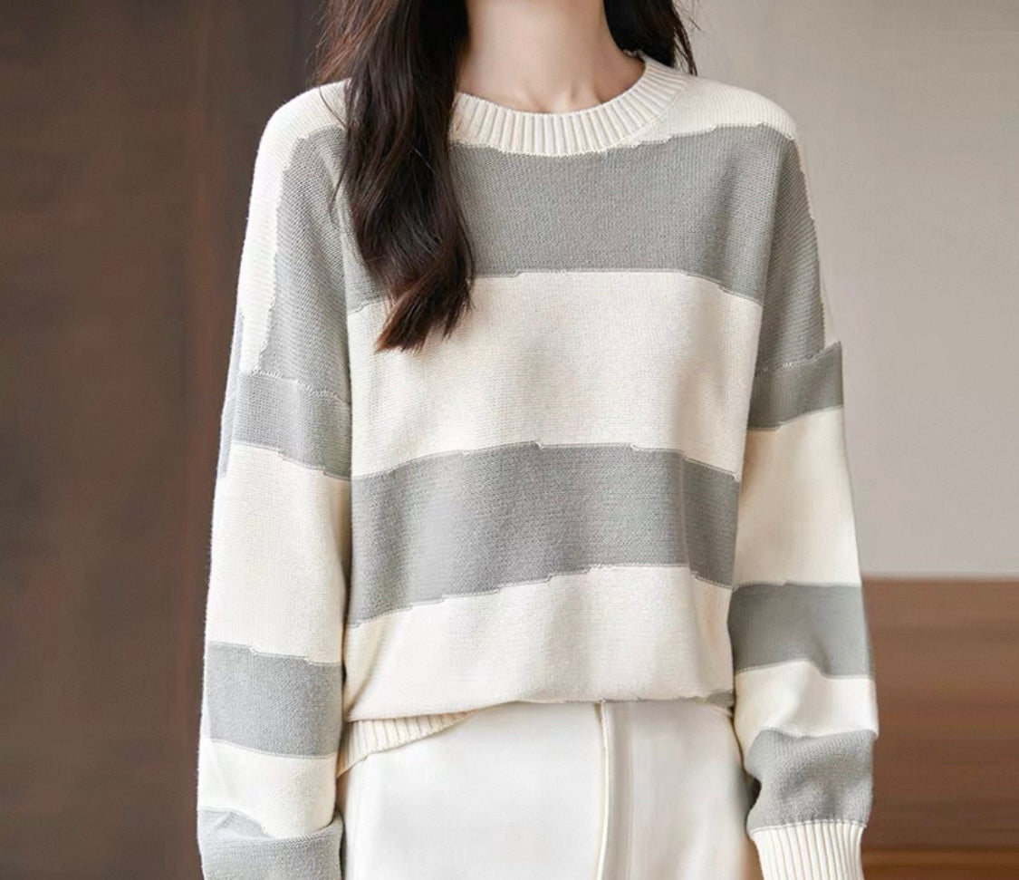 100%cotton Neutral Stripe Knit Sweater