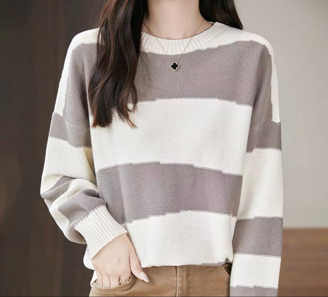 100%cotton Neutral Stripe Knit Sweater