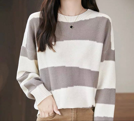 100%cotton Neutral Stripe Knit Sweater