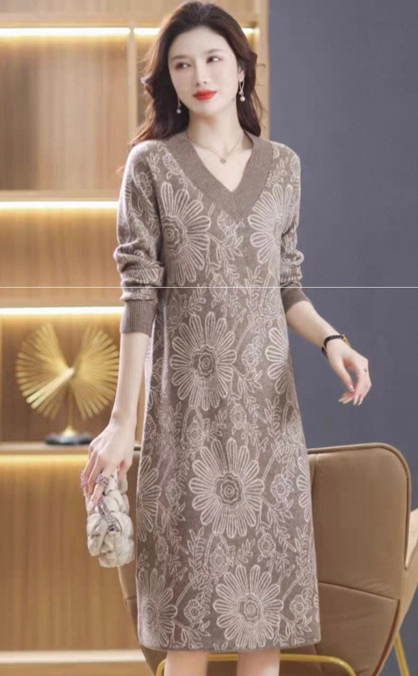Brown Floral Knit Dress