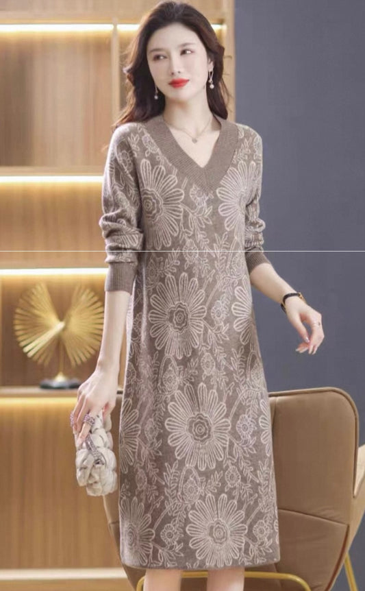 Brown Floral Knit Dress