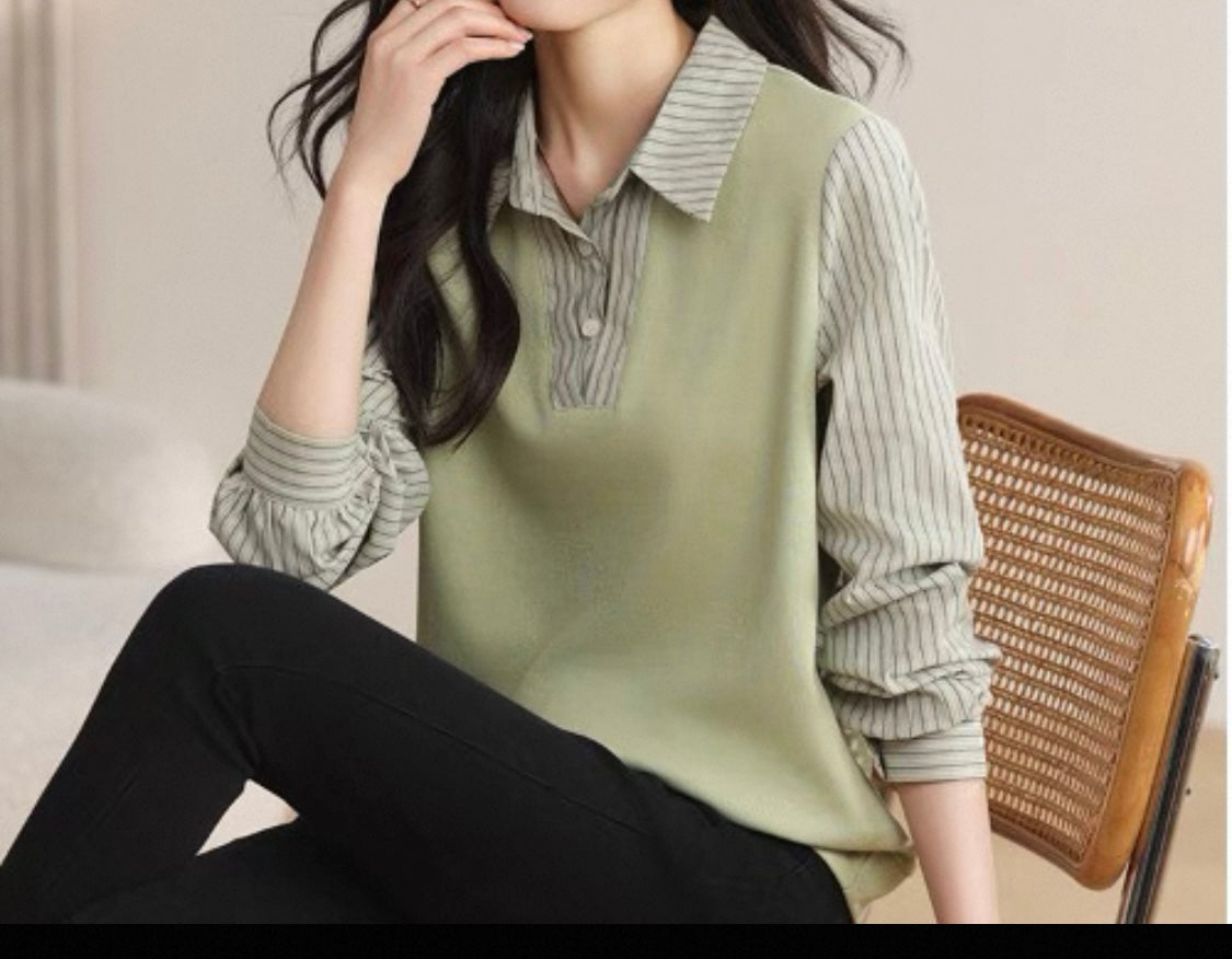 Green Vest & Striped Shirt Layered Top