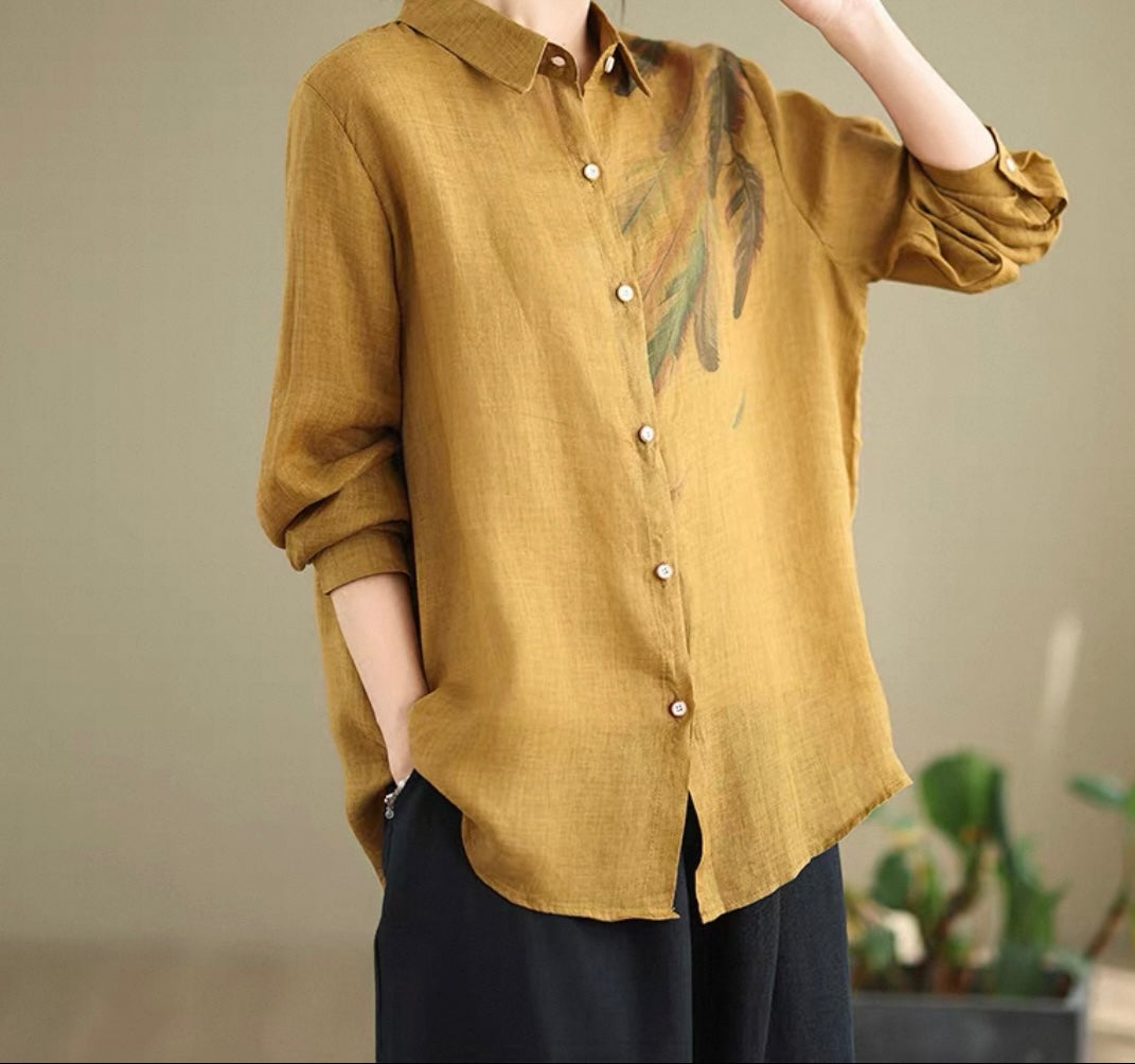 White Linen Shirt with Feather Print