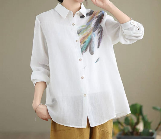 White Linen Shirt with Feather Print