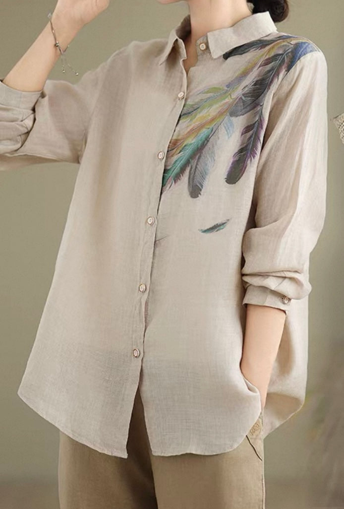 White Linen Shirt with Feather Print