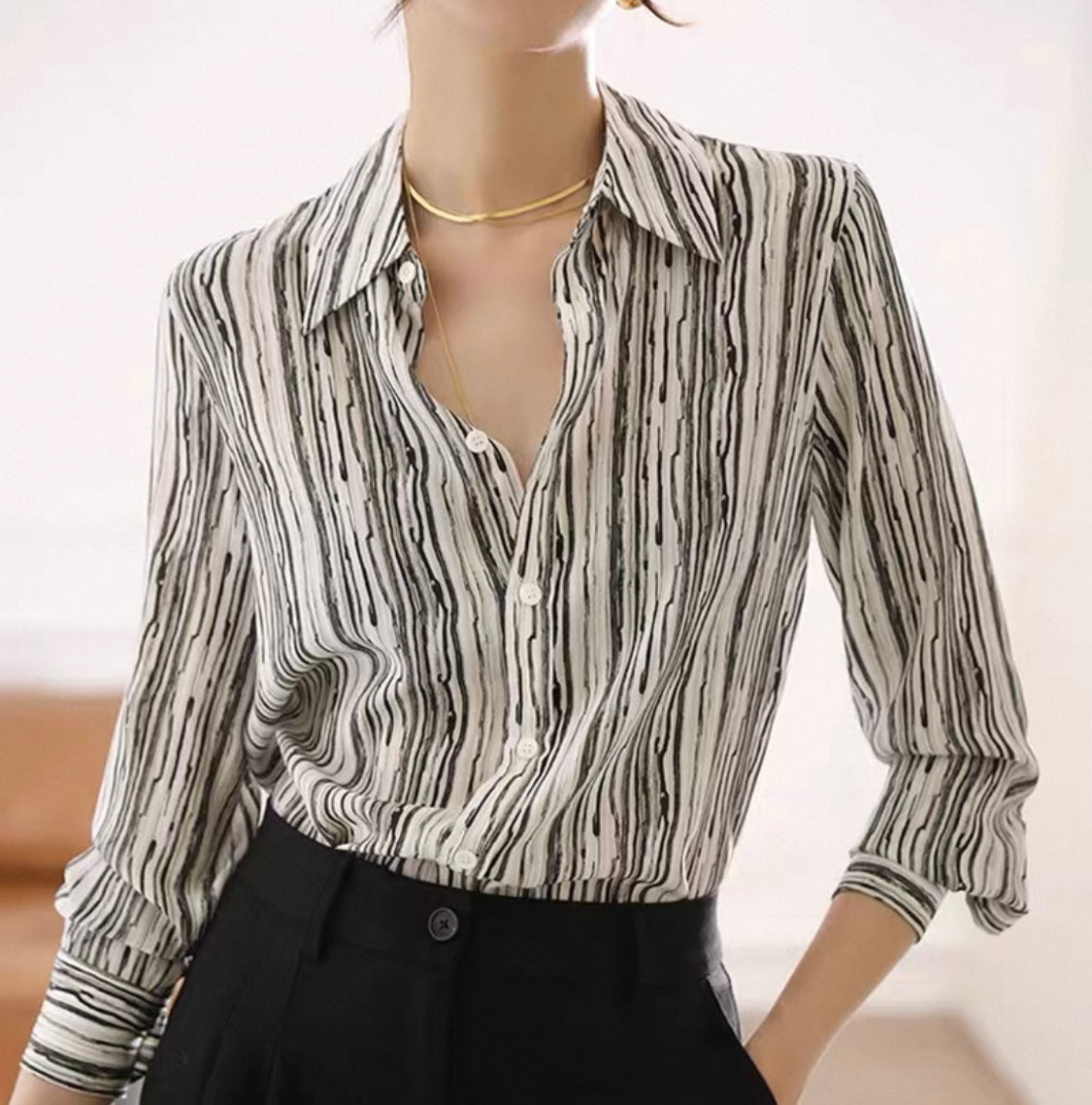 White & Black Silk Striped Blouse