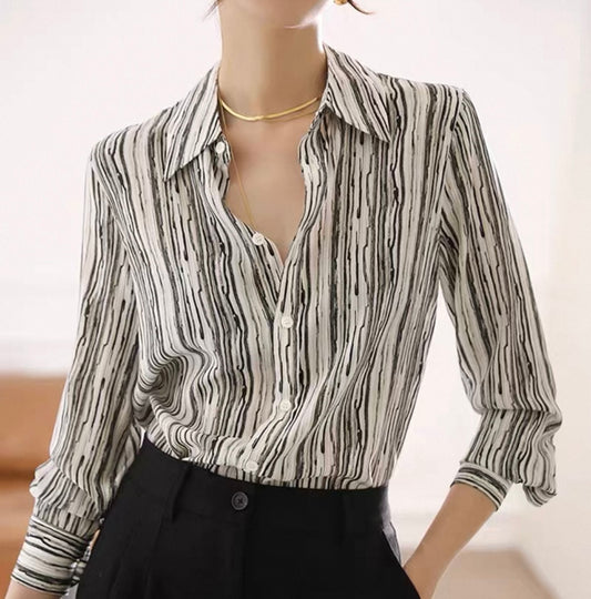 White & Black Silk Striped Blouse