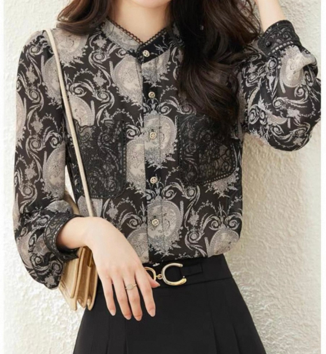 Black & Beige Baroque Print Blouse