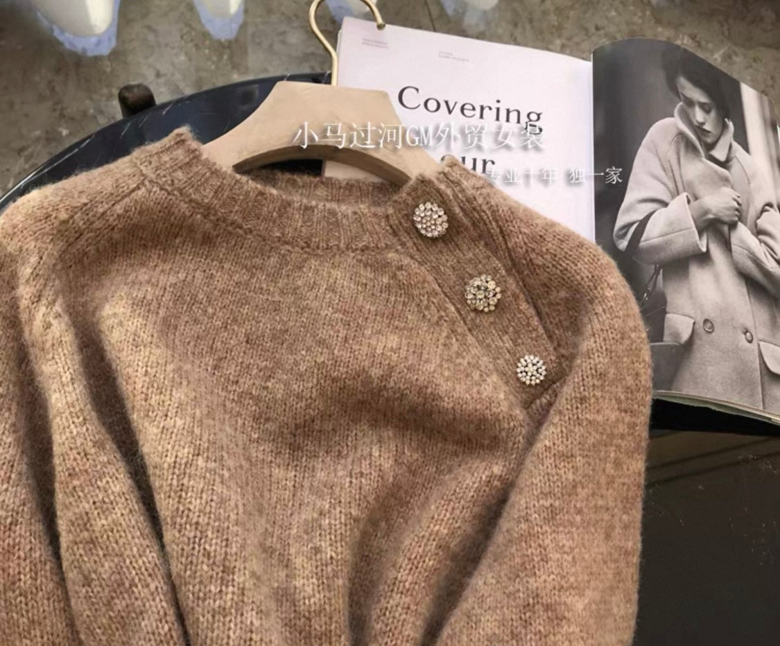 Brown Wool-Blend Jumper with Embellished Buttons