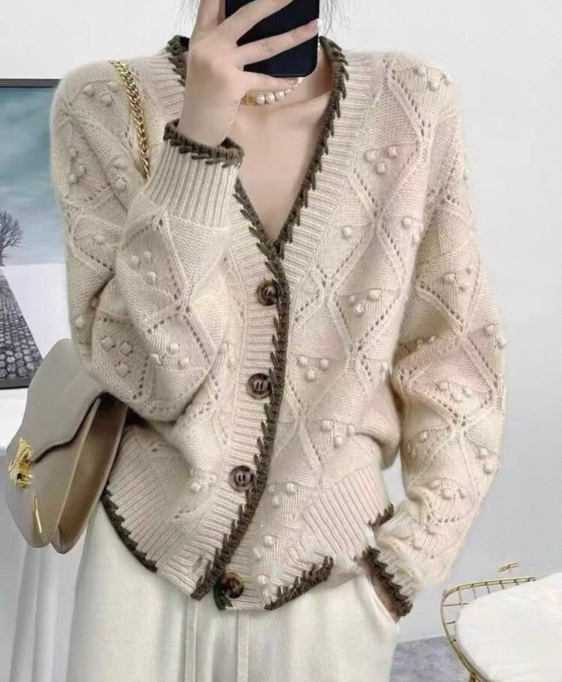 Beige  wool Knit Cardigan with Contrast Trim