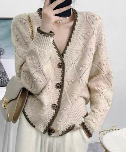 Beige  wool Knit Cardigan with Contrast Trim