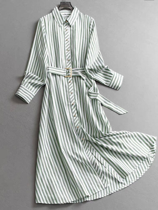 Green & White Striped Shirt Dress