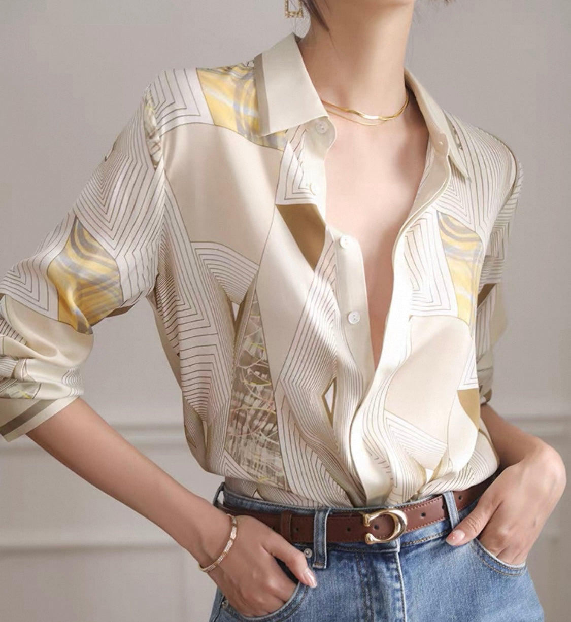 Satin Touch Printed Shirt (Yellow & Cream)