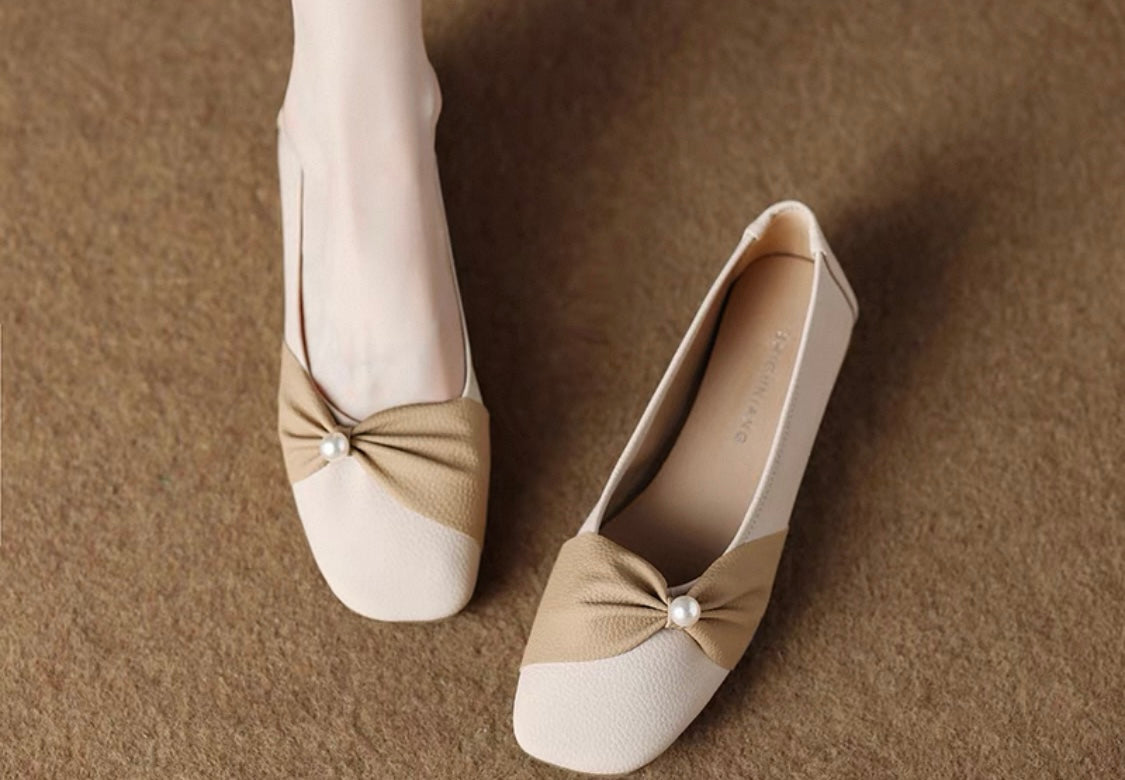 Pearl Bow Flats – Nude & Beige