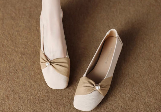 Pearl Bow Flats – Nude & Beige