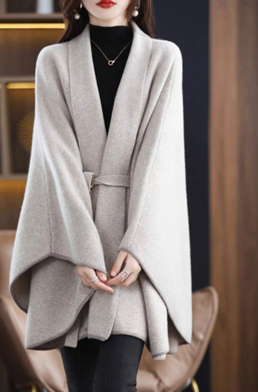 Belted Knit Cape – Beige