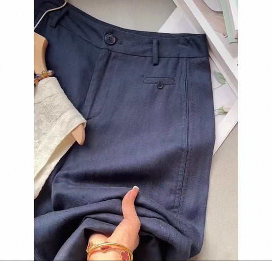 Navy Linen Blend Trousers