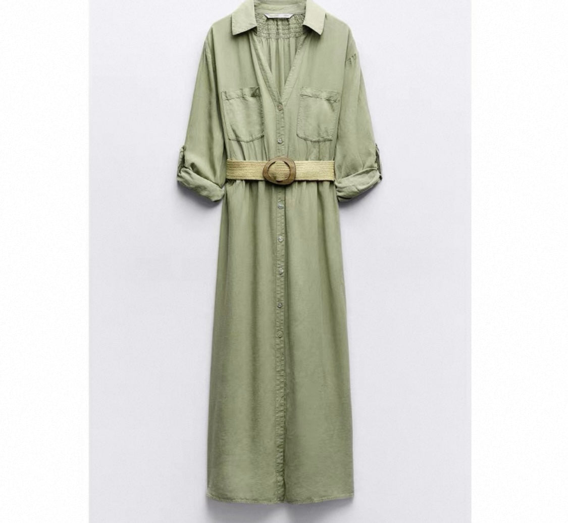 Khaki Belted Shirt Dress