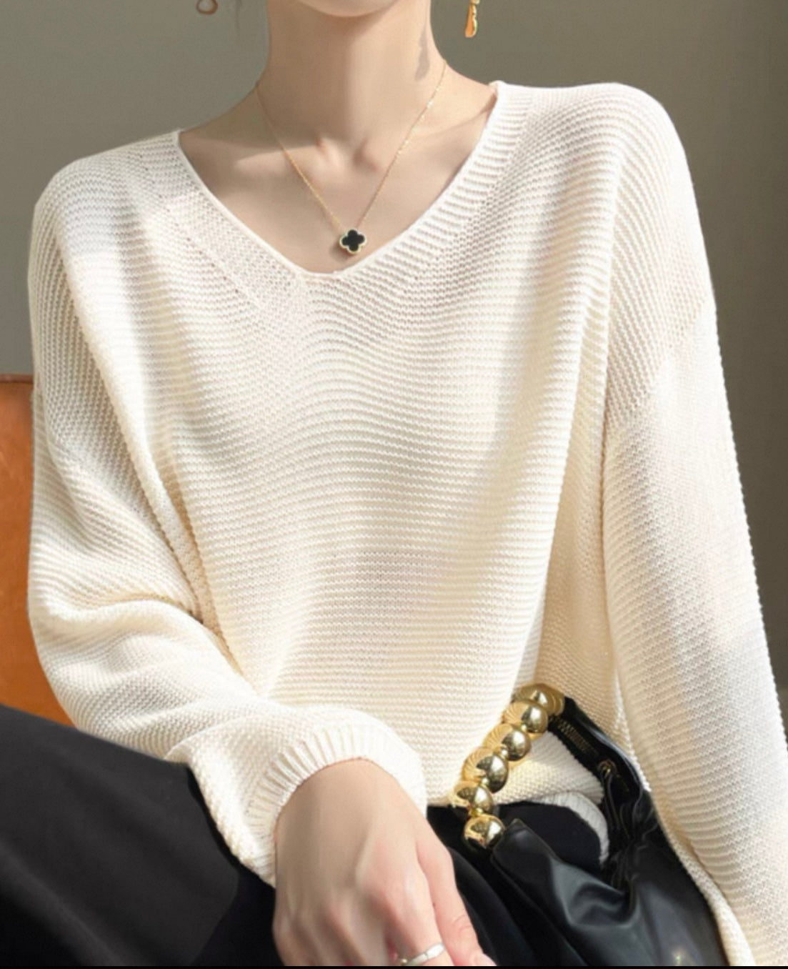 Ivory V-Neck Knit Pullover