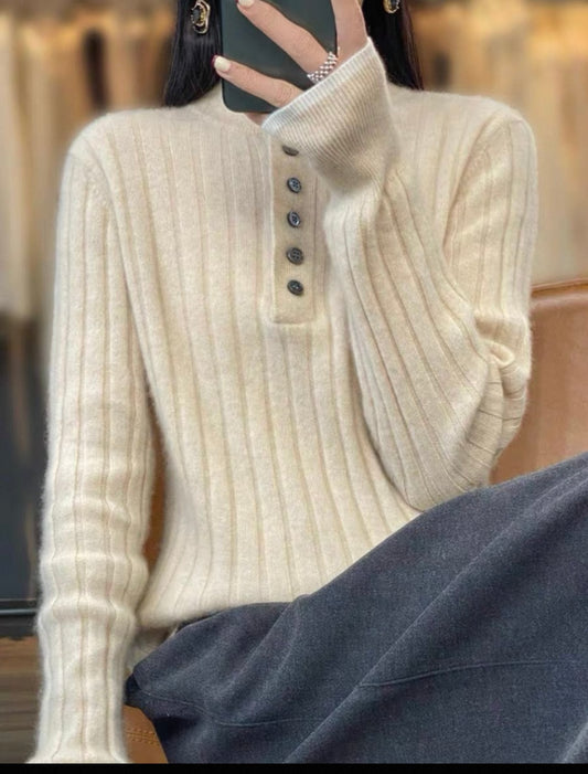 Beige Ribbed Henley Sweater