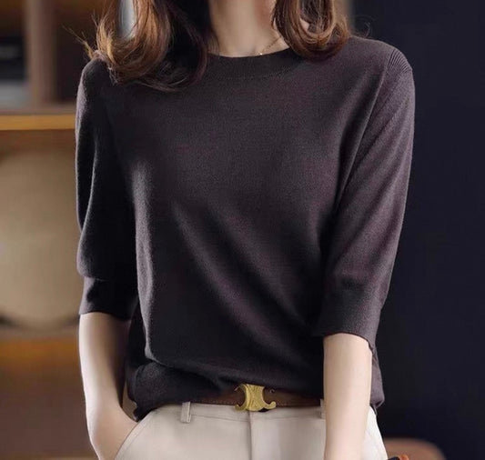 Brown Short-Sleeve Knit Top