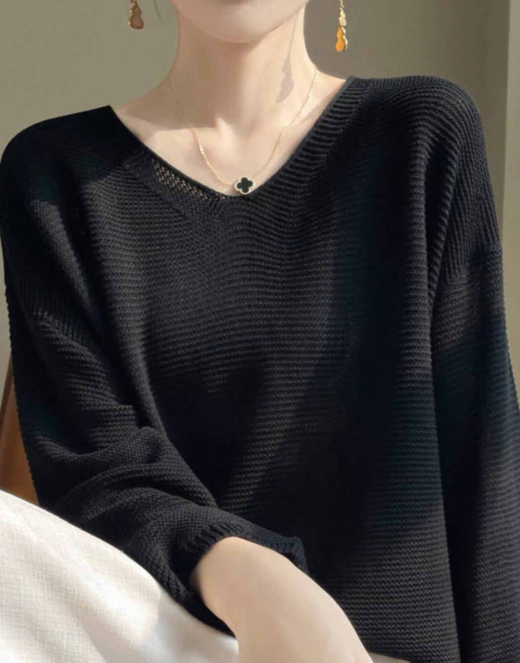 Ivory V-Neck Knit Pullover