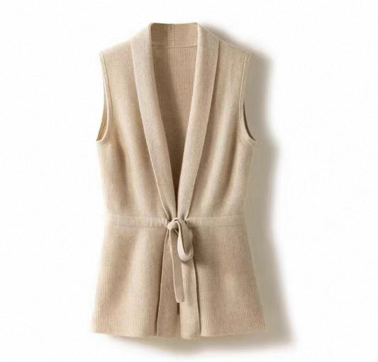 Beige Knit Vest with Tie Belt
