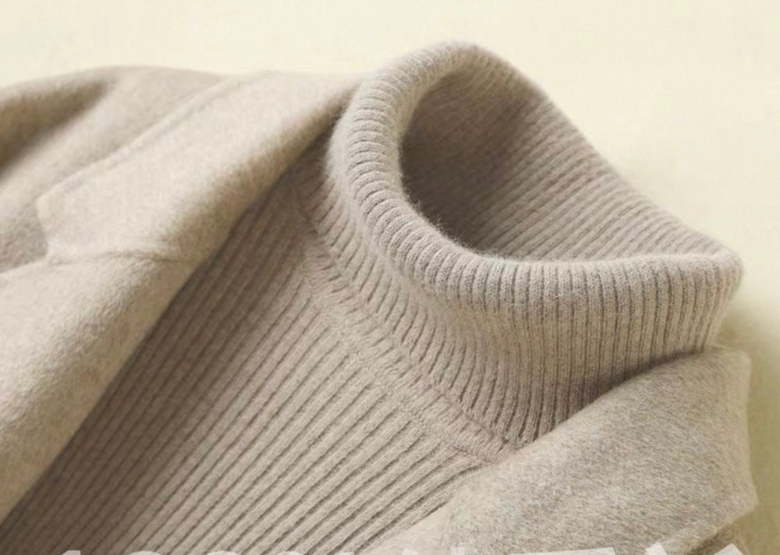 Beige Ribbed High-Neck Sweater