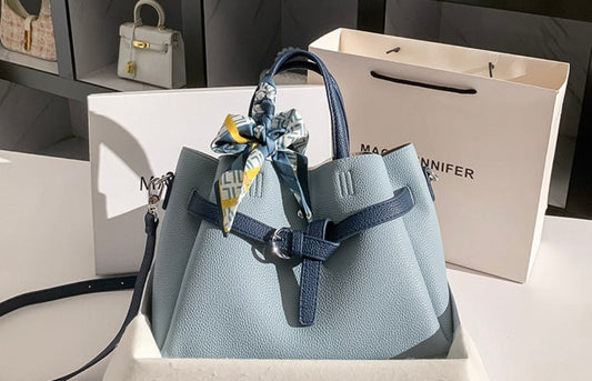 Blue Two-Tone Structured Handbag with Scarf Detail