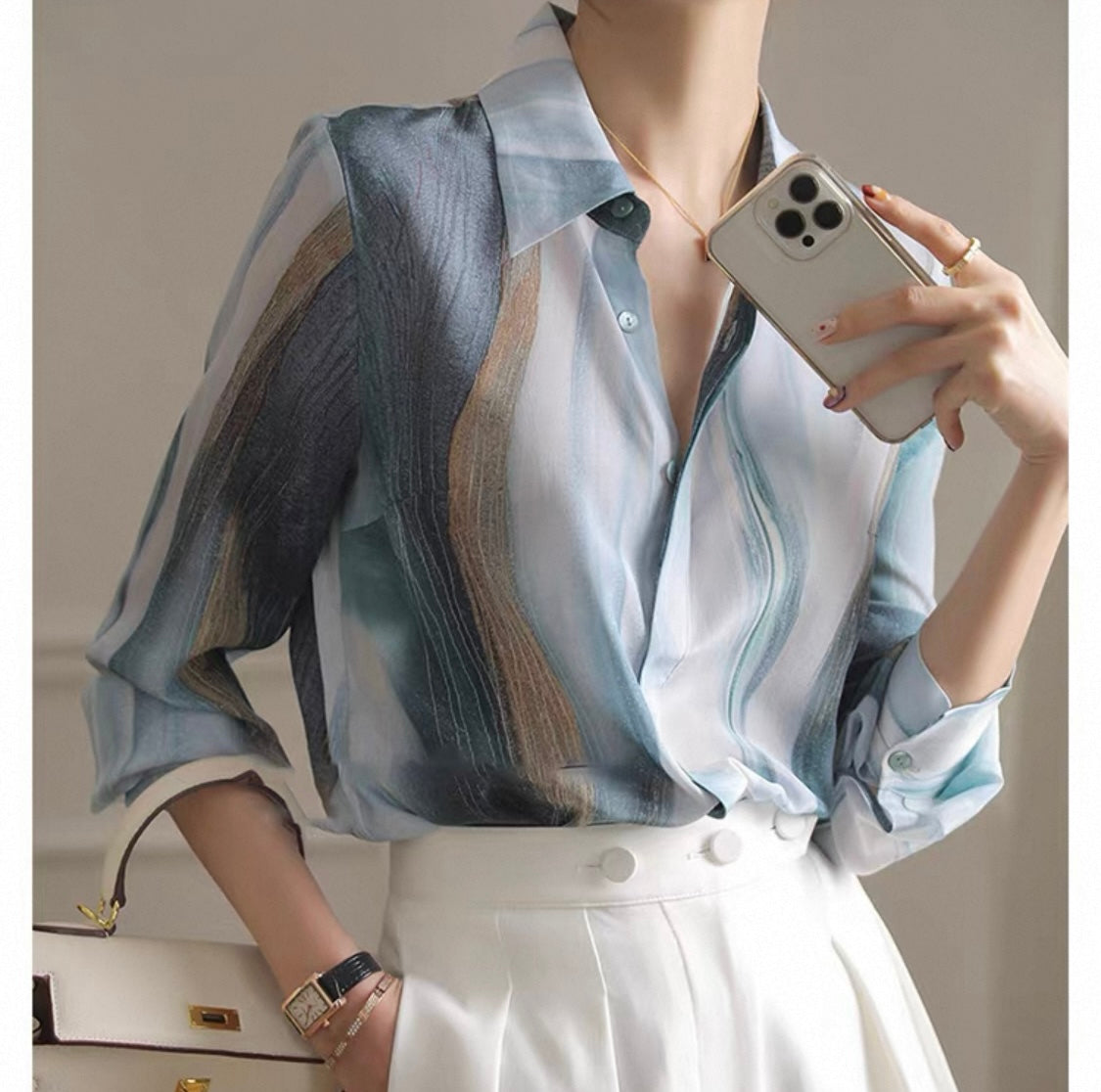 Silky Abstract Blouse – Blue & Beige