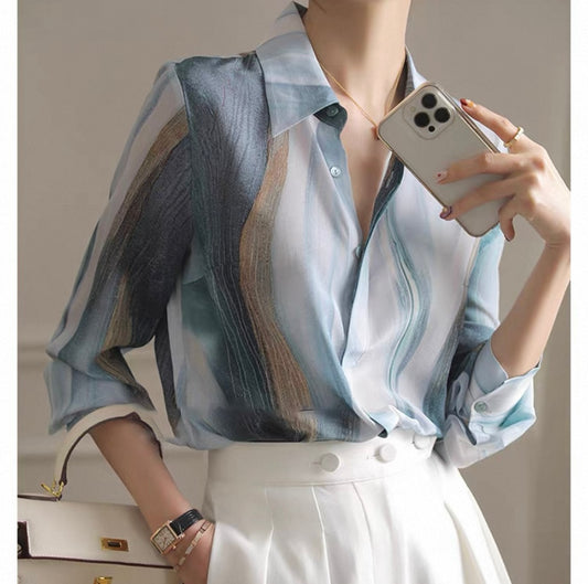 Silky Abstract Blouse – Blue & Beige