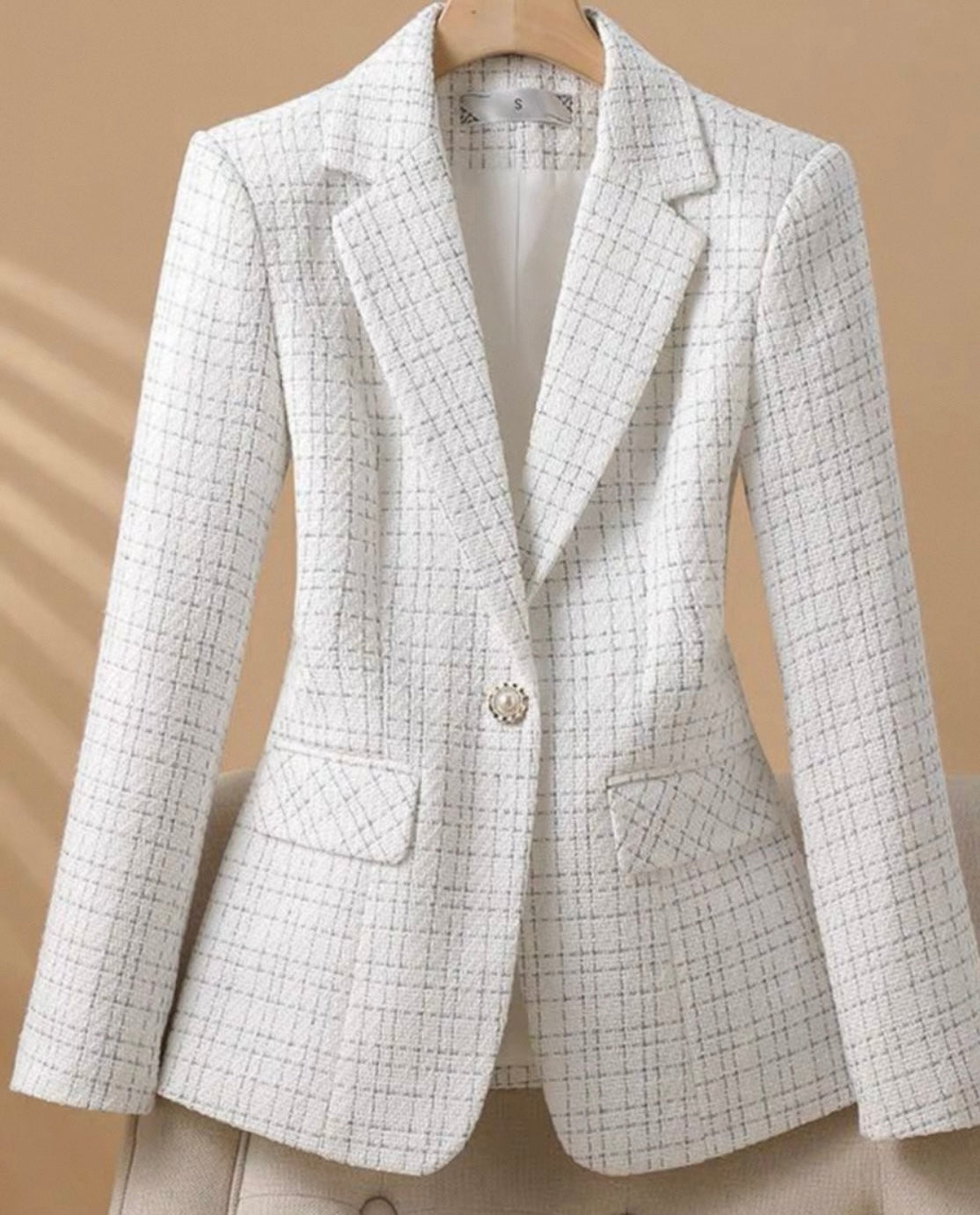 Textured Check Blazer – White