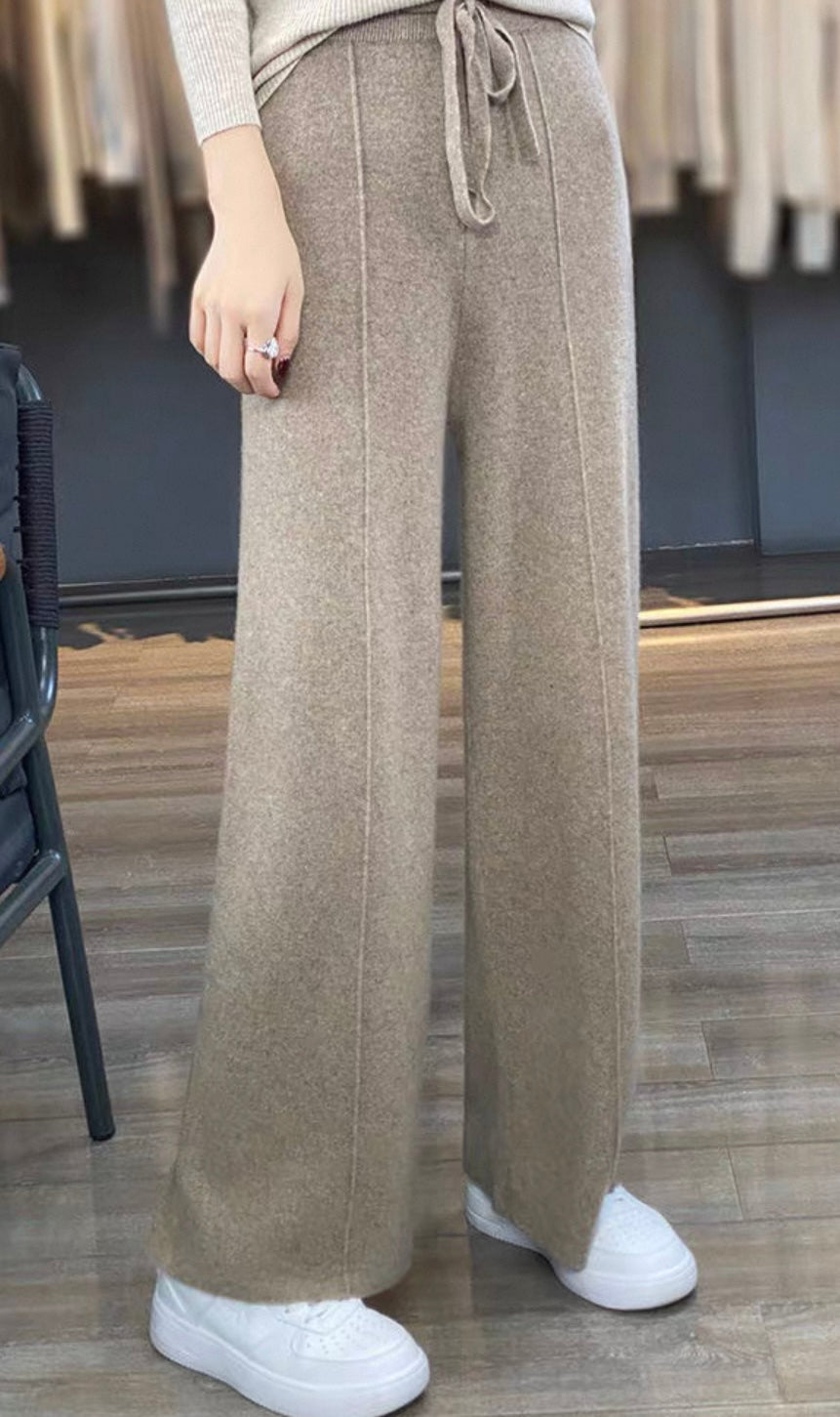 Wool-Blend Wide Leg Trousers – Beige