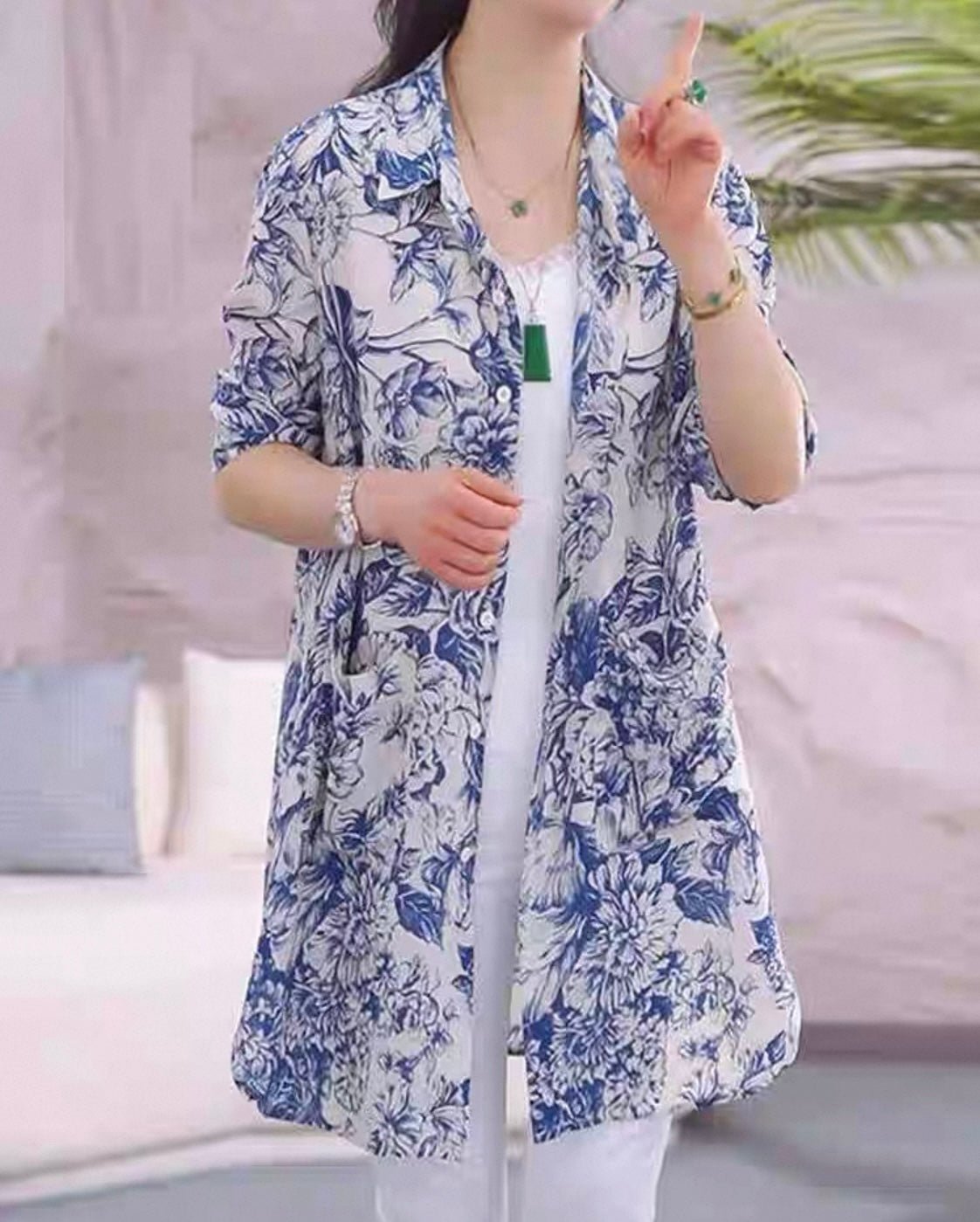 Floral Print Long Shirt – Blue & White
