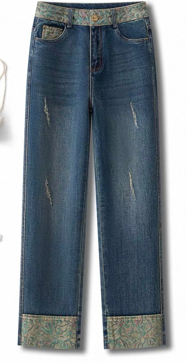 Straight Fit Jeans – Blue with Pattern Trim