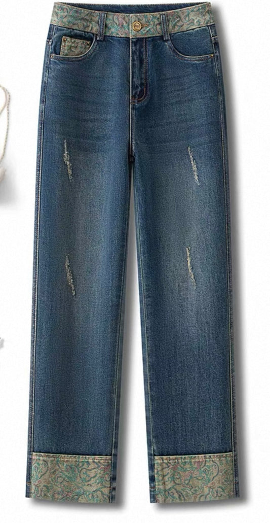 Straight Fit Jeans – Blue with Pattern Trim